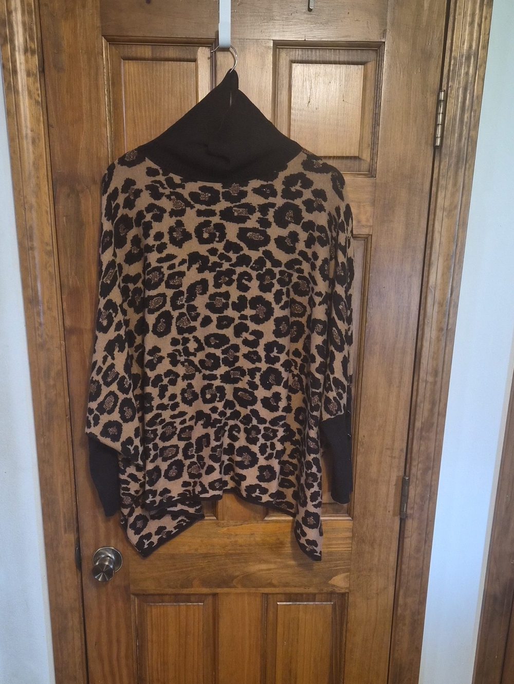 Anne Klein Brown and Black Leopard Print Turtleneck Poncho Sweater